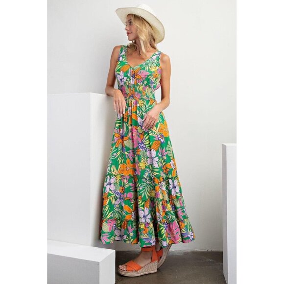 Easel Size S Dress Tropical Floral Sleeveless Flowy V Neck Long Maxi Green - Picture 1 of 11